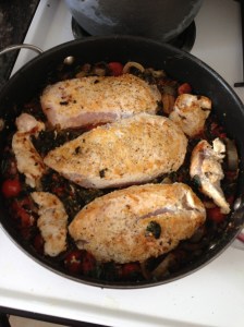 one pan chicken with spinach, tomatoes and caramelized onions