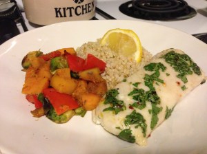 persian lime hake with dill lemon rice and butternut vegetable mediey